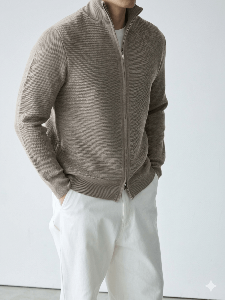 Men's Luxury Merino Wool & Silk Blend Knit Jacket: Premium Piqué Zip-Up with Stand Collar – The Ultimate Travel & Commute Essential