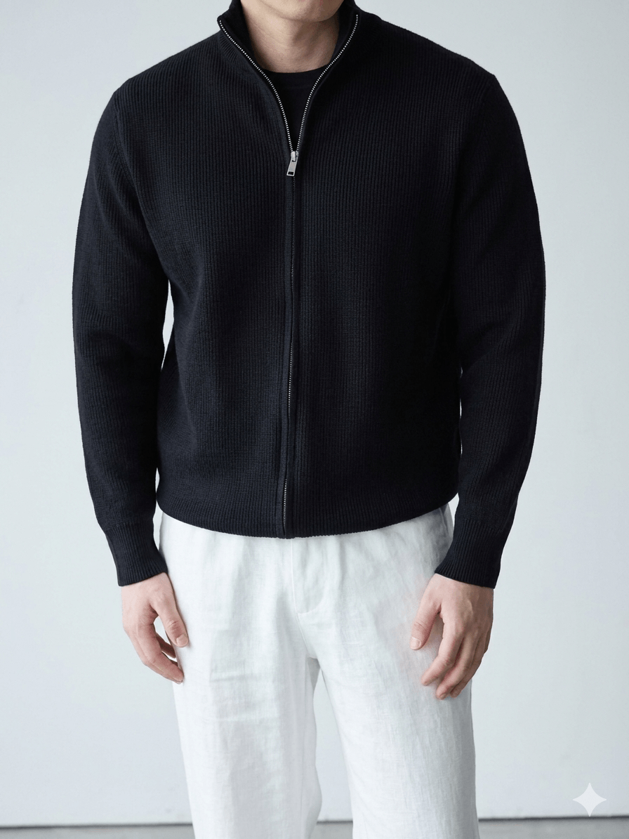 Men's Luxury Merino Wool & Silk Blend Knit Jacket: Premium Piqué Zip-Up with Stand Collar – The Ultimate Travel & Commute Essential
