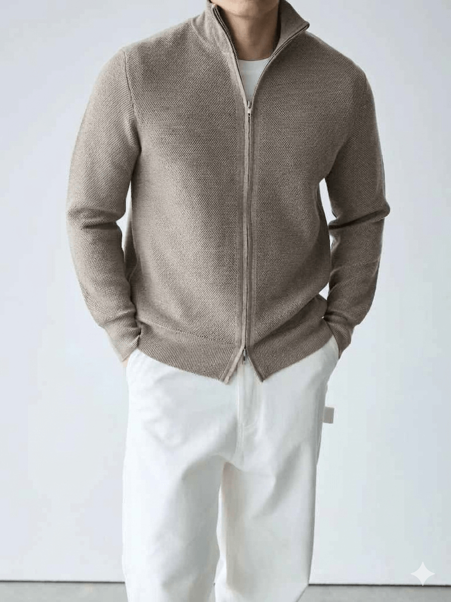 Men's Luxury Merino Wool & Silk Blend Knit Jacket: Premium Piqué Zip-Up with Stand Collar – The Ultimate Travel & Commute Essential