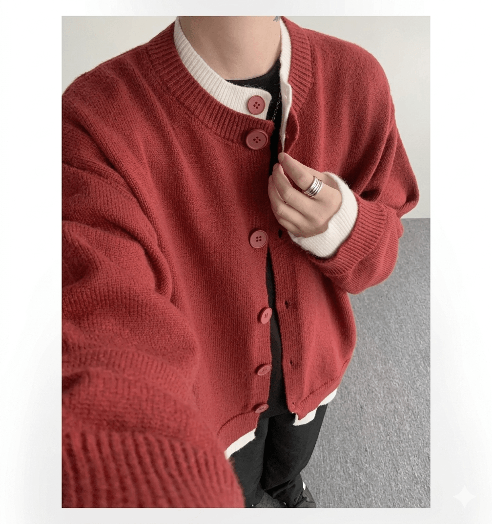Vintage Contrast Color Knitted Cardigan for Men  Stylish Loose Fit Button-Up Sweater Jacket  Urban Streetwear Aesthetic Knitted Coat