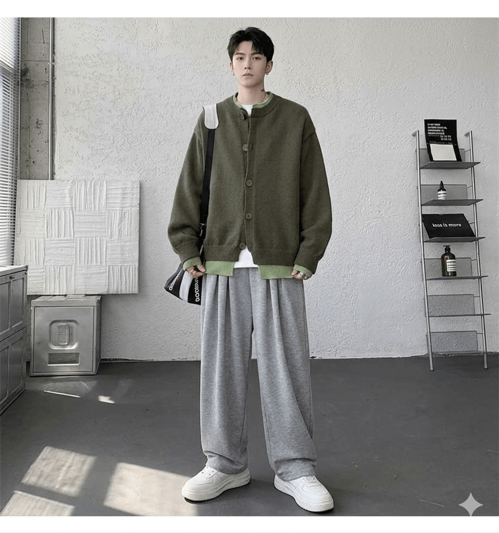 Vintage Contrast Color Knitted Cardigan for Men  Stylish Loose Fit Button-Up Sweater Jacket  Urban Streetwear Aesthetic Knitted Coat