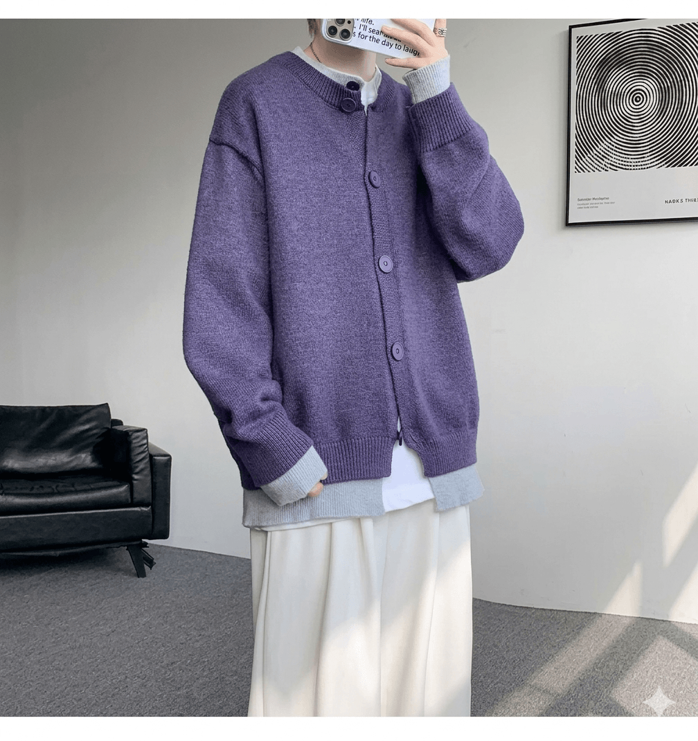 Vintage Contrast Color Knitted Cardigan for Men  Stylish Loose Fit Button-Up Sweater Jacket  Urban Streetwear Aesthetic Knitted Coat