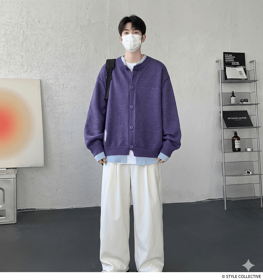 Vintage Contrast Color Knitted Cardigan for Men  Stylish Loose Fit Button-Up Sweater Jacket  Urban Streetwear Aesthetic Knitted Coat