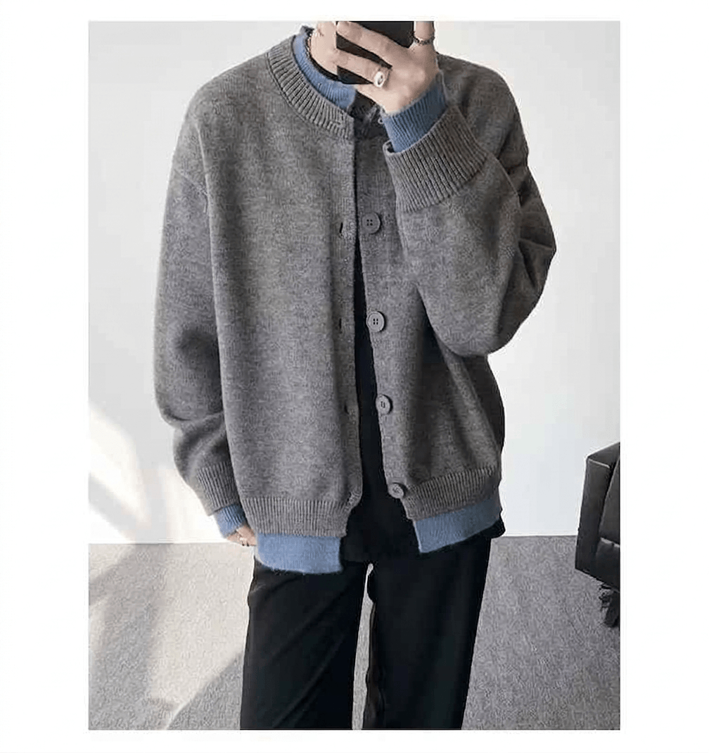 Vintage Contrast Color Knitted Cardigan for Men  Stylish Loose Fit Button-Up Sweater Jacket  Urban Streetwear Aesthetic Knitted Coat