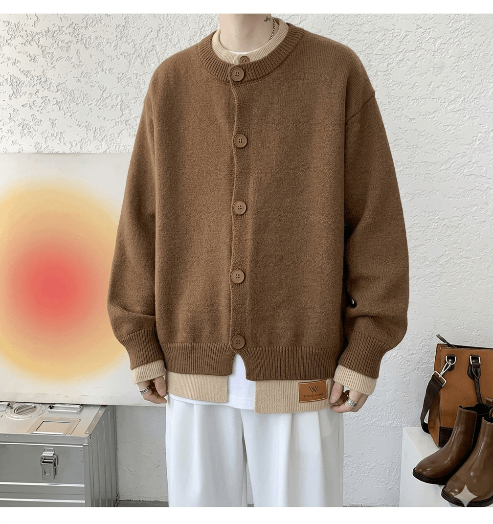 Vintage Contrast Color Knitted Cardigan for Men  Stylish Loose Fit Button-Up Sweater Jacket  Urban Streetwear Aesthetic Knitted Coat