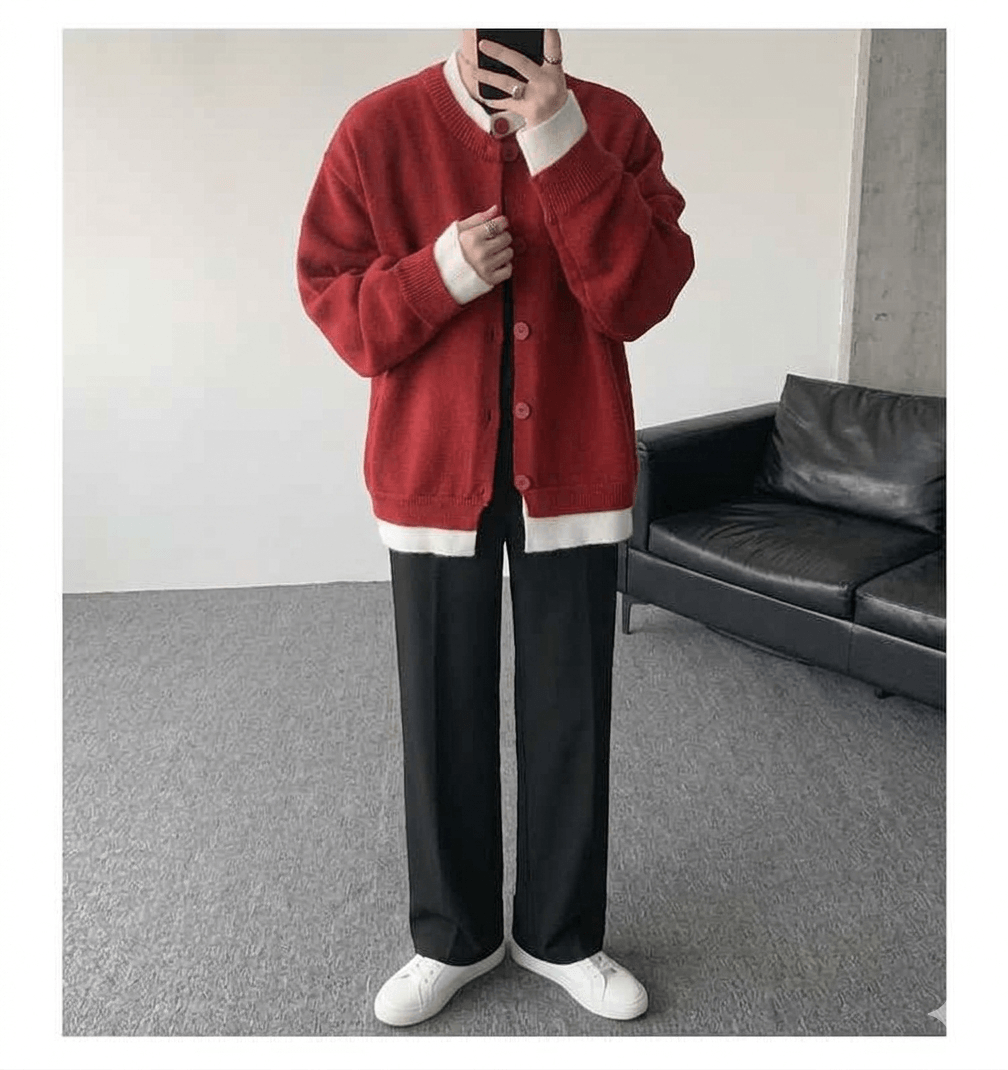 Vintage Contrast Color Knitted Cardigan for Men  Stylish Loose Fit Button-Up Sweater Jacket  Urban Streetwear Aesthetic Knitted Coat