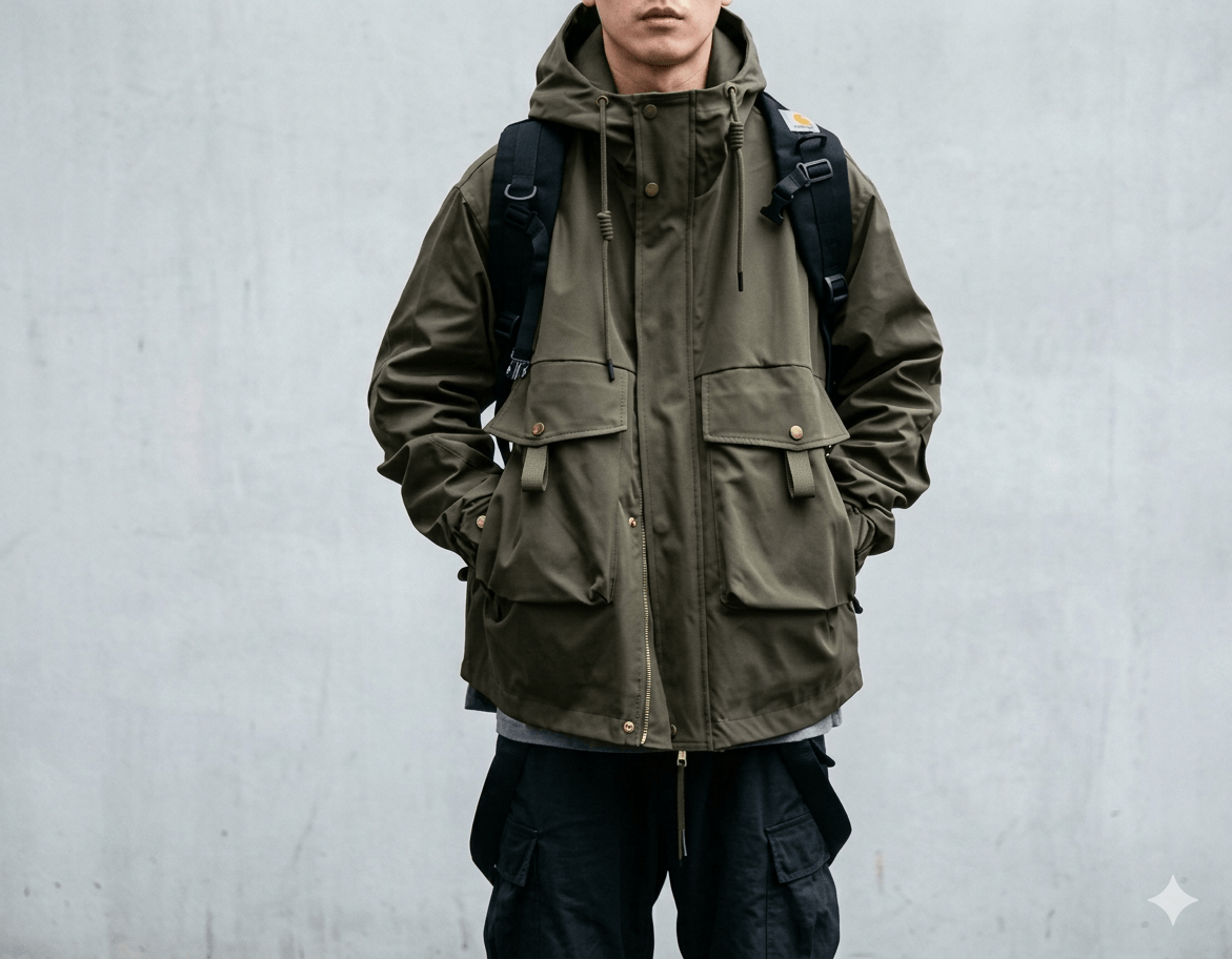 Men’s Harajuku Techwear Jacket  Water-Resistant Multi-Pocket Tactical Parka  Japanese Outdoor Functional Hooded Windbreaker