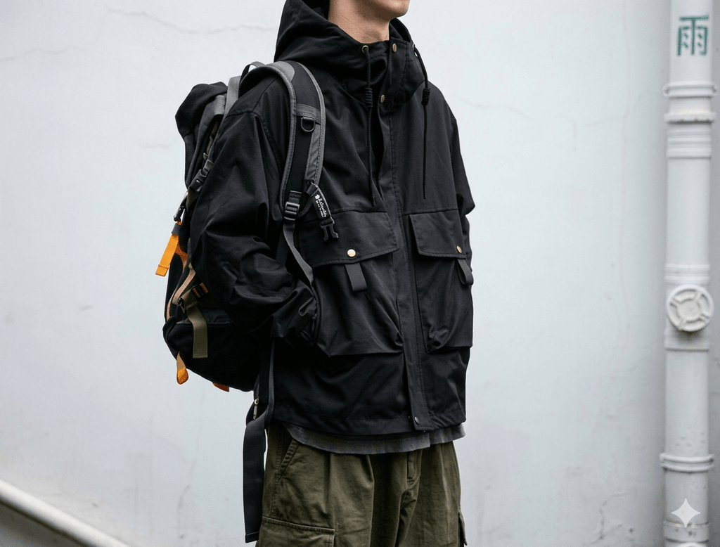 Men’s Harajuku Techwear Jacket  Water-Resistant Multi-Pocket Tactical Parka  Japanese Outdoor Functional Hooded Windbreaker