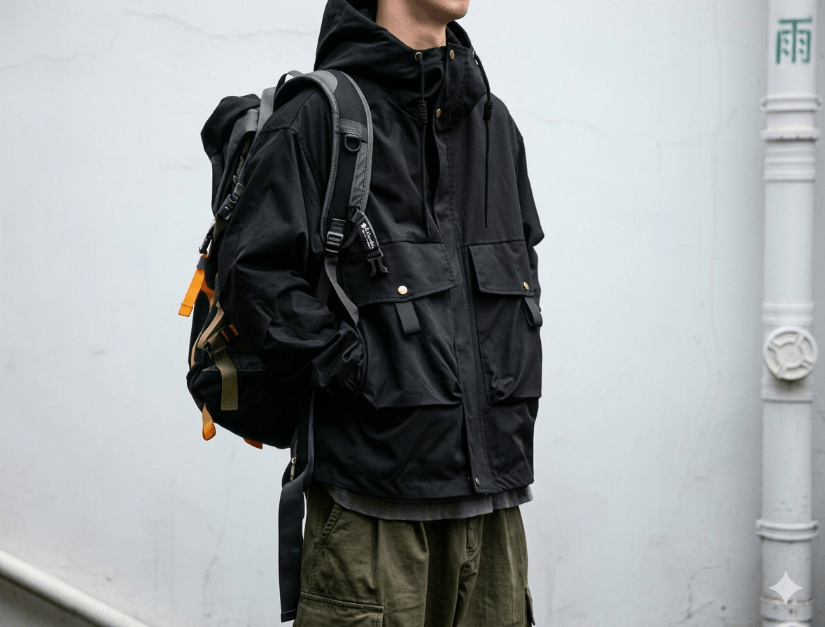 Men’s Harajuku Techwear Jacket  Water-Resistant Multi-Pocket Tactical Parka  Japanese Outdoor Functional Hooded Windbreaker
