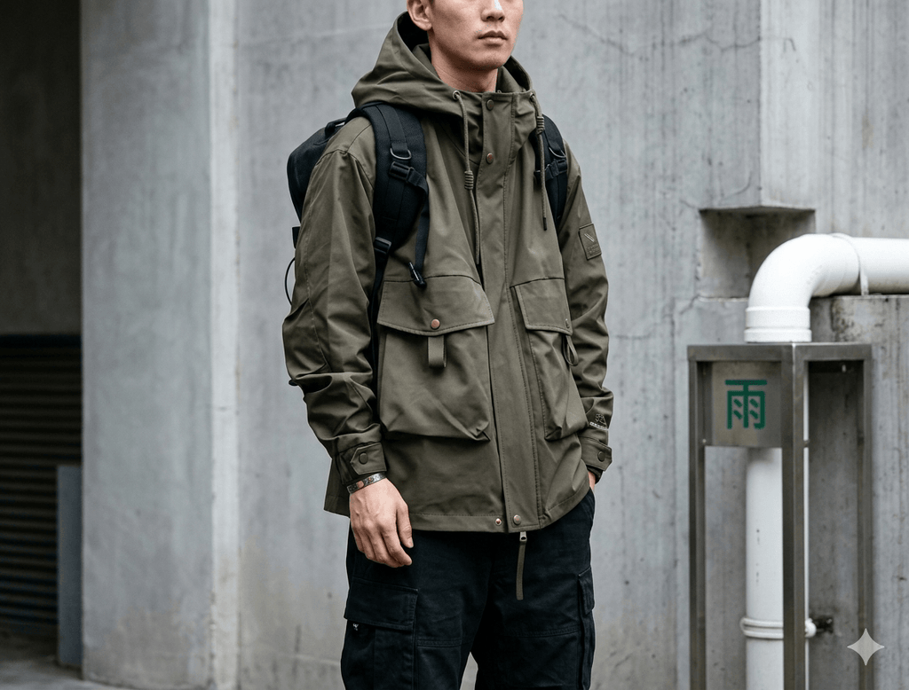 Men’s Harajuku Techwear Jacket  Water-Resistant Multi-Pocket Tactical Parka  Japanese Outdoor Functional Hooded Windbreaker