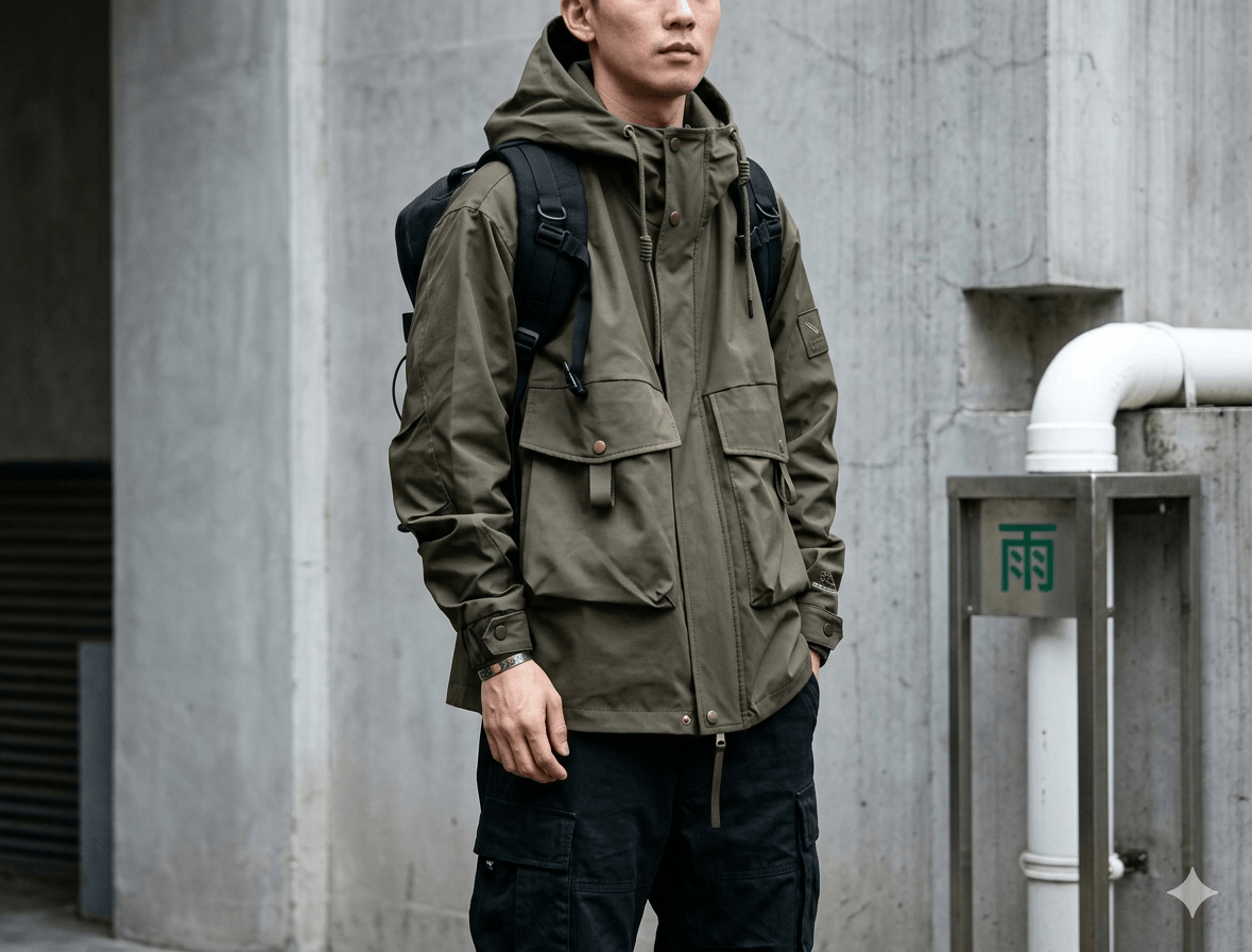 Men’s Harajuku Techwear Jacket  Water-Resistant Multi-Pocket Tactical Parka  Japanese Outdoor Functional Hooded Windbreaker