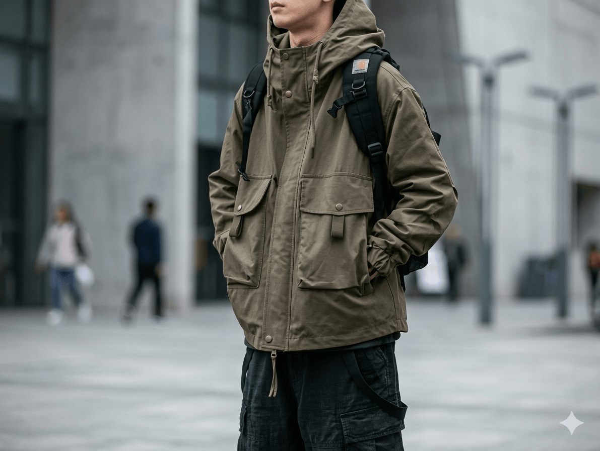 Men’s Harajuku Techwear Jacket  Water-Resistant Multi-Pocket Tactical Parka  Japanese Outdoor Functional Hooded Windbreaker