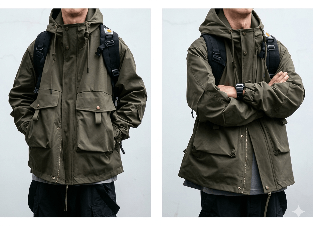 Men’s Harajuku Techwear Jacket  Water-Resistant Multi-Pocket Tactical Parka  Japanese Outdoor Functional Hooded Windbreaker