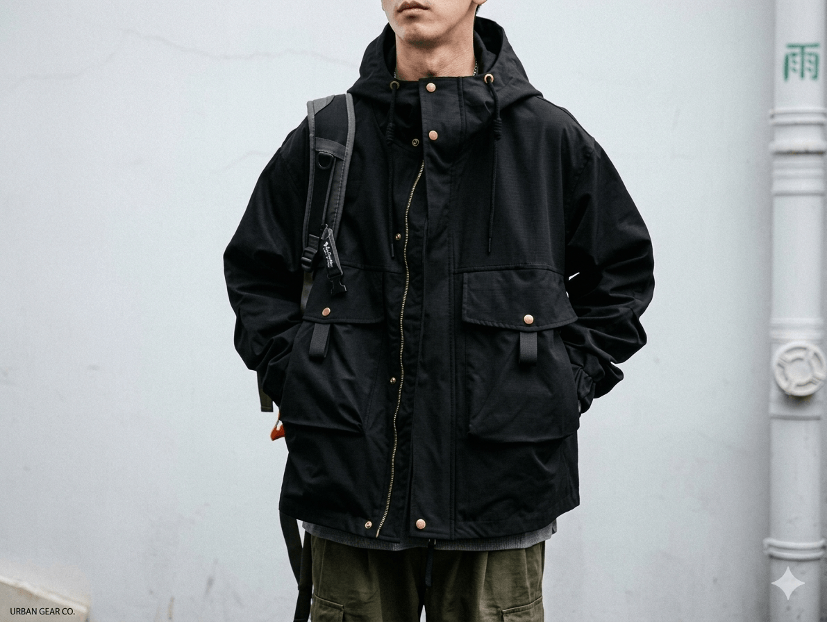 Men’s Harajuku Techwear Jacket  Water-Resistant Multi-Pocket Tactical Parka  Japanese Outdoor Functional Hooded Windbreaker