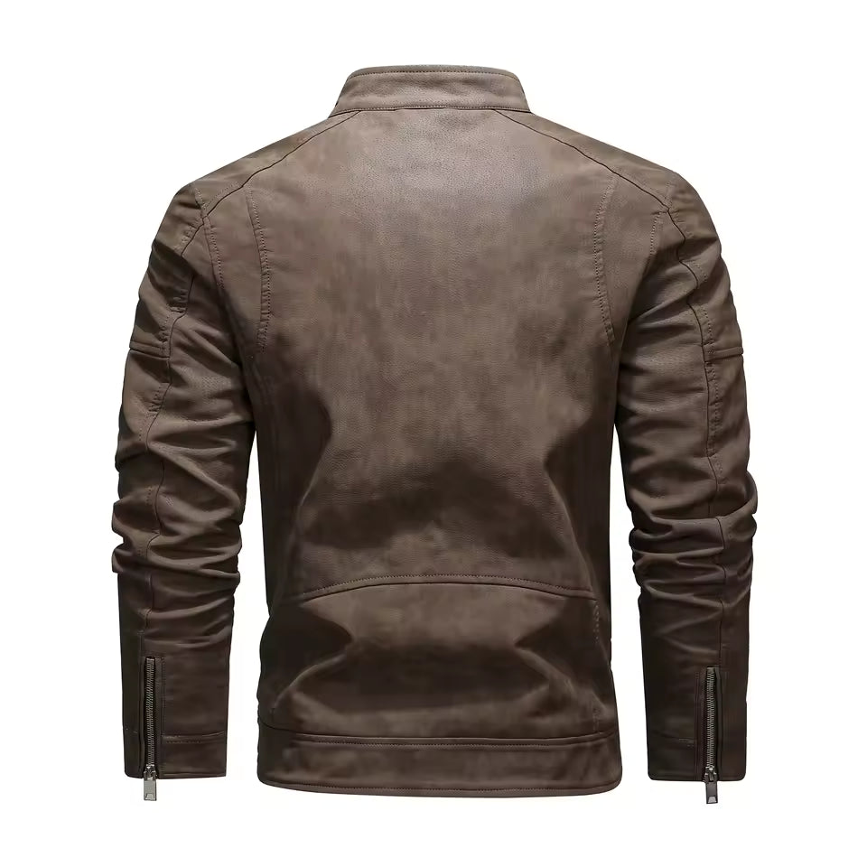 Men's PU leather jacket with fleece large lapel diagonal front zip autumn and winter stand-up collar jacket