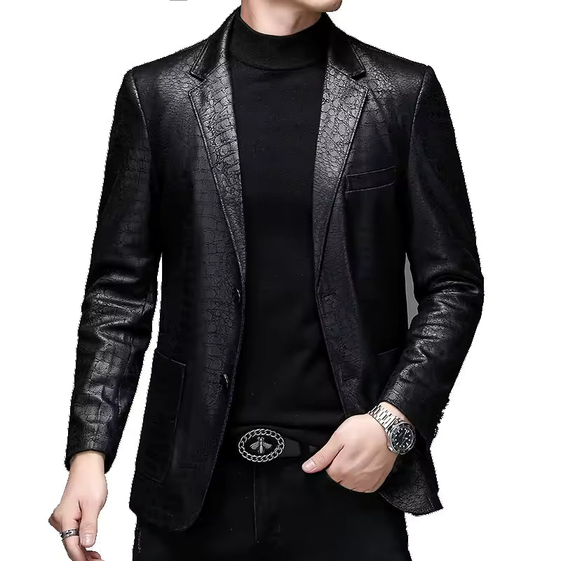 Men's Casual Spring Autumn Vintage Soft Faux Leather Jackets Male Classic Slim Fit Crocodile Pattern Suit Black Blazers Coats