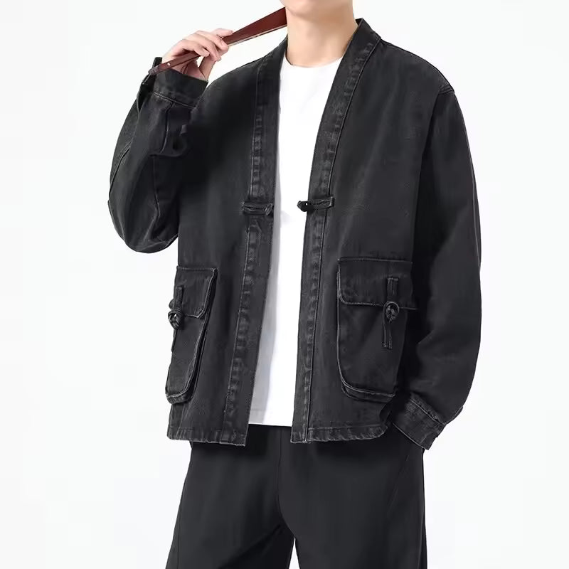 Fashion Men Denim Jacket Cotton Kimono Japanese Pocket Cardigan Coat Vintage Traditional Jackets Men Hip Hop Loose Outwear