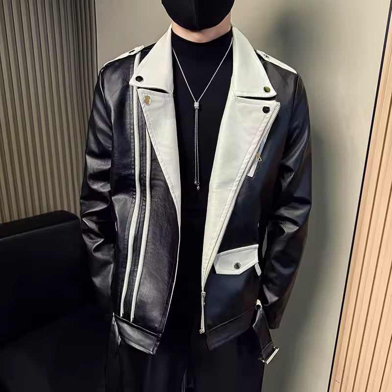 Autumn Winter Men's Suit Collar Motorcycle Leather Jacket Slim Casual Social Zipper PU Leather Jacket Streetwear Men Clothing