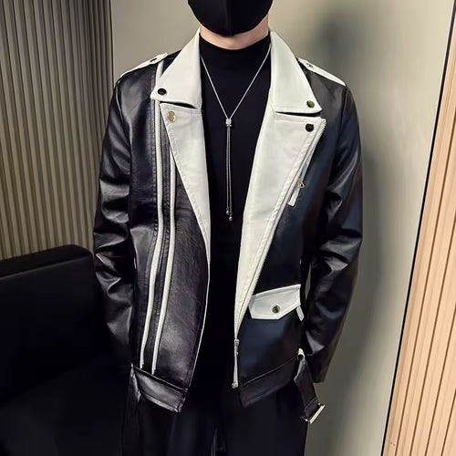 Autumn Winter Men's Suit Collar Motorcycle Leather Jacket Slim Casual Social Zipper PU Leather Jacket Streetwear Men Clothing