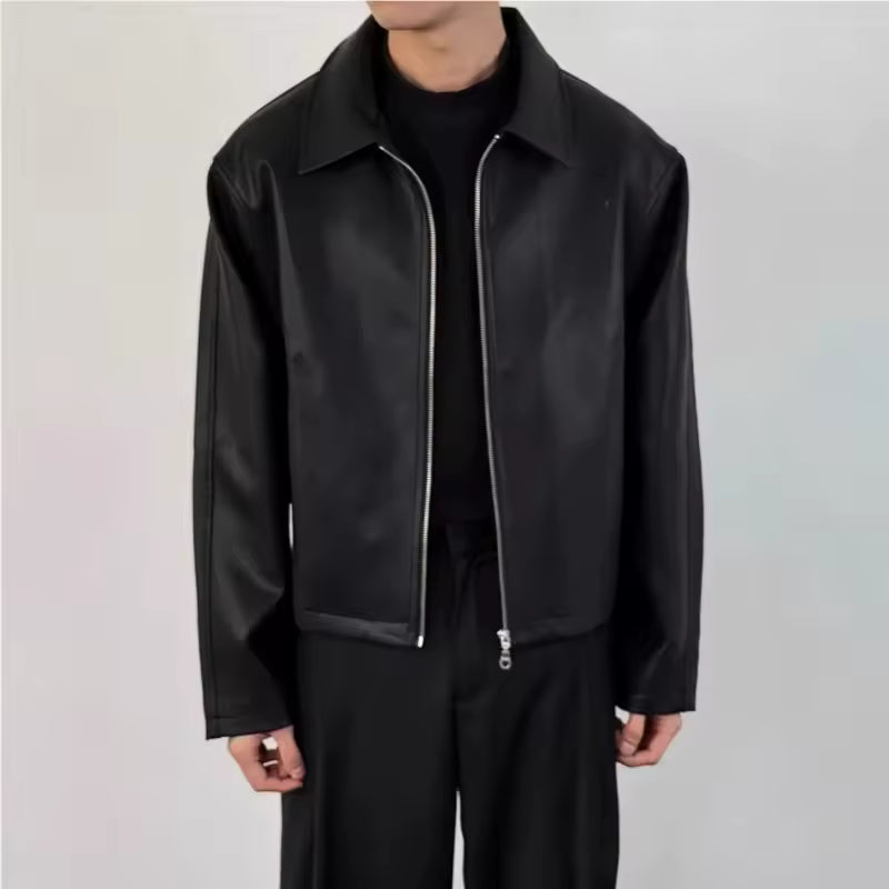Men Leather Jacket Spring Autumn American High Street Turn Down Collar Male Outerwear Windproof Long Sleeve Zipper Man Coat