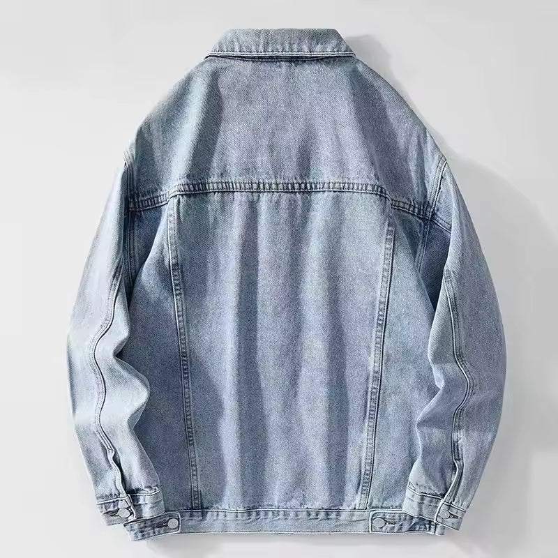 Men's Retro Light Blue Washed Denim Jacket Classic Button-Up Trucker Coat Casual Outerwear Autumn