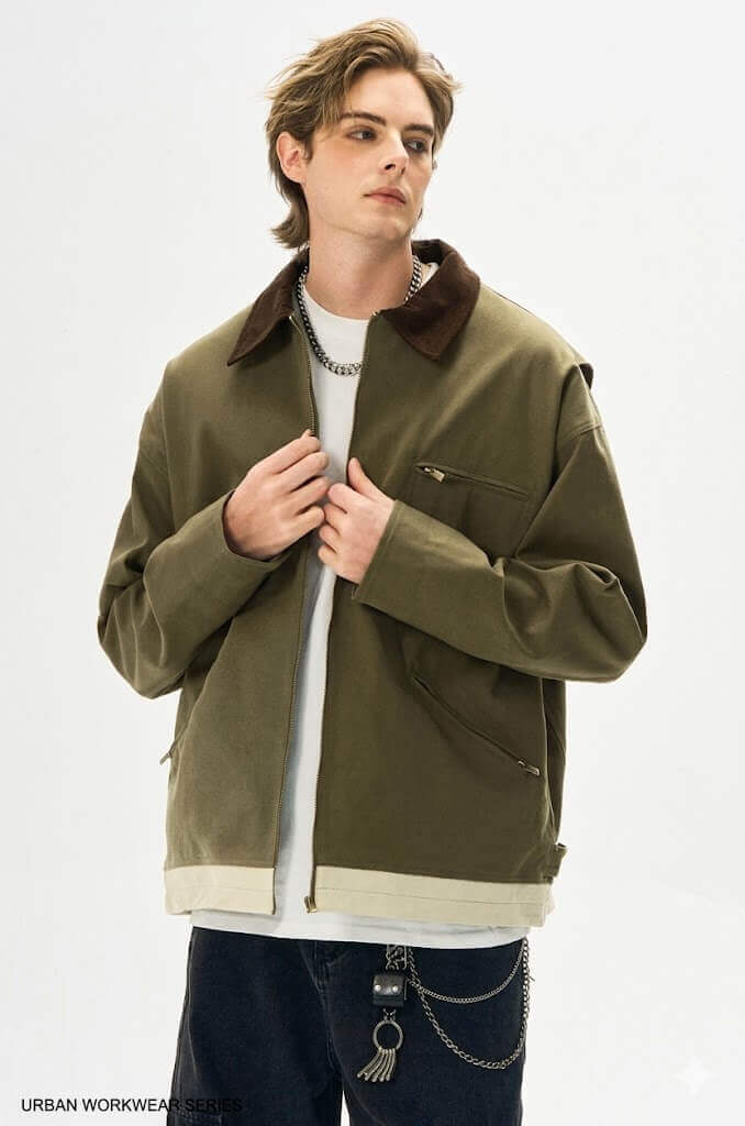 Men's American Vintage Workwear Jacket - Autumn Loose Fit Washed Heavyweight Cotton Canvas Jacket with Lapel Collar