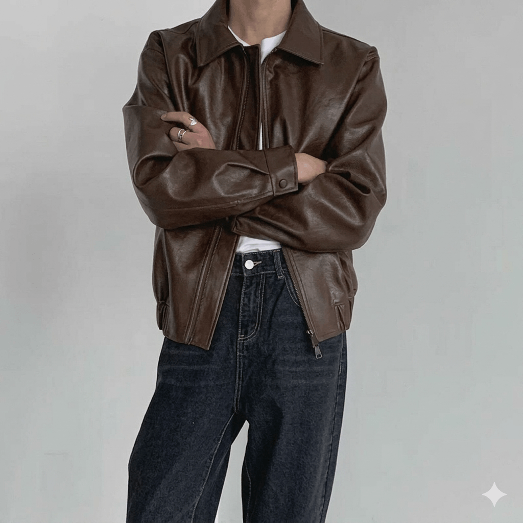 Men's Vintage PU Leather Jacket - Autumn Fashion Solid Color Lapel Coat - Stylish Loose Fit Long Sleeve Biker Jacket