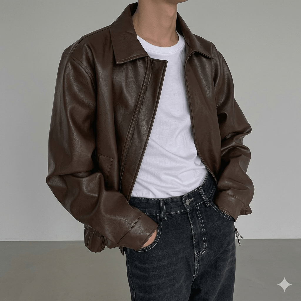 Men's Vintage PU Leather Jacket - Autumn Fashion Solid Color Lapel Coat - Stylish Loose Fit Long Sleeve Biker Jacket