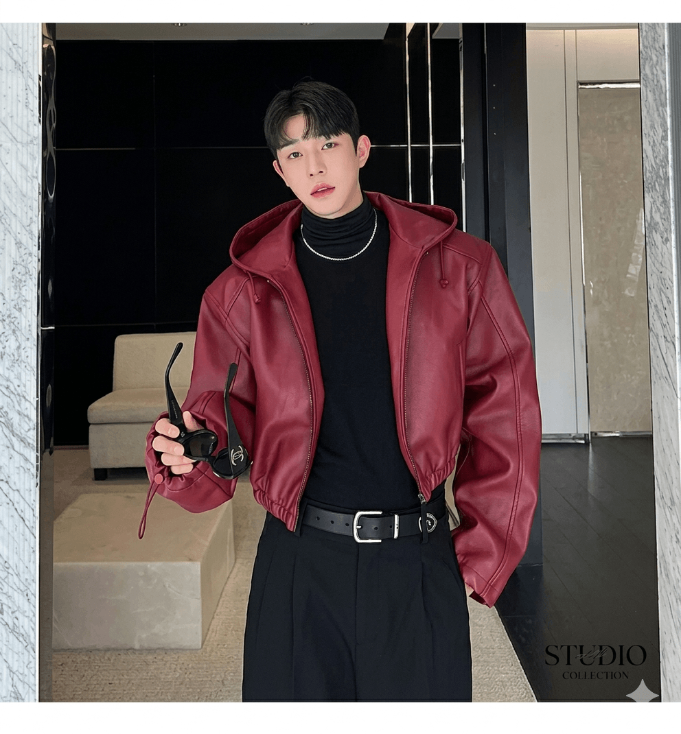 Vintage Hooded Techwear Leather Jacket  Men's Punk Moto Streetwear  Autumn Winter Hip Hop Short Coat