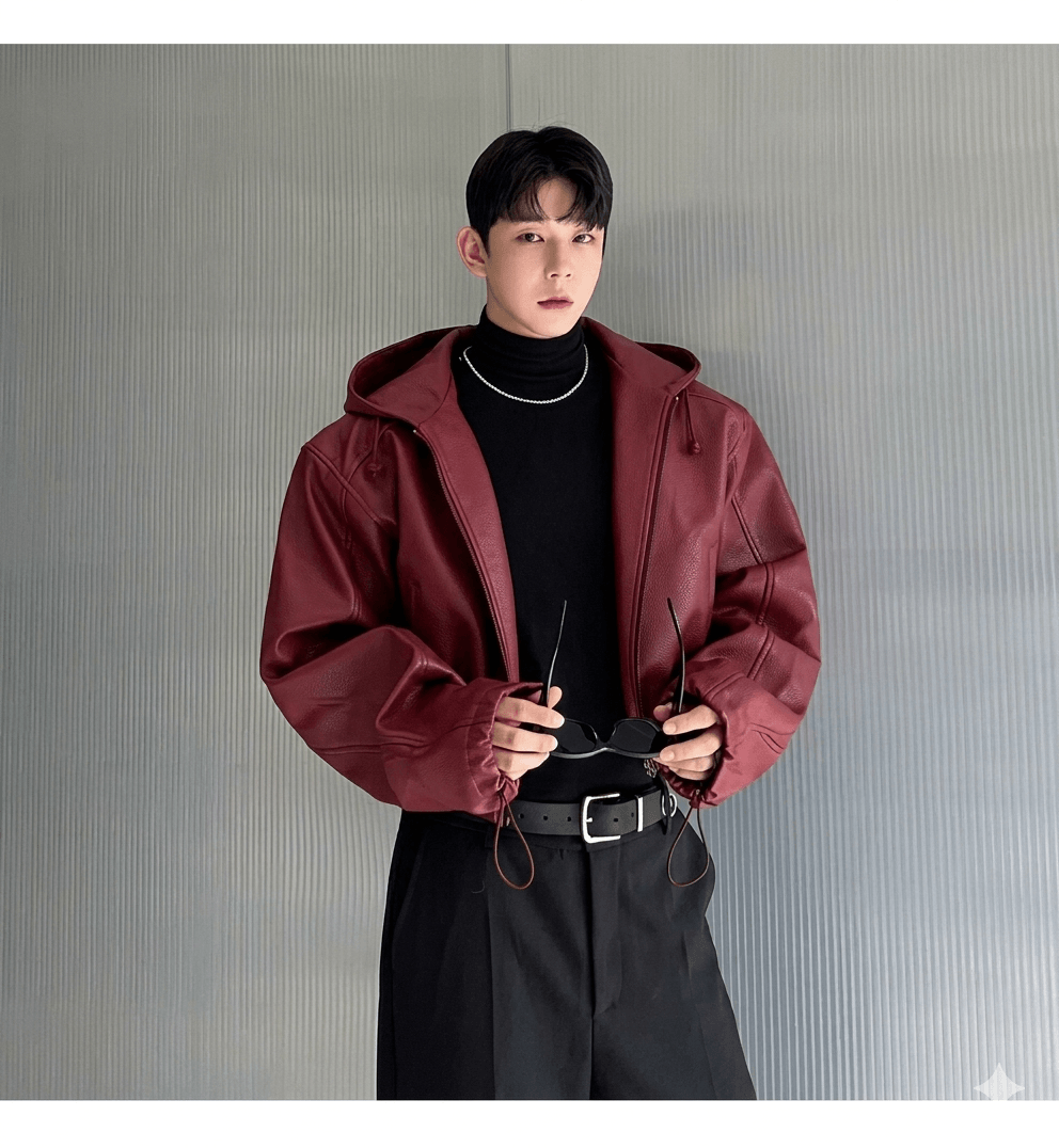 Vintage Hooded Techwear Leather Jacket  Men's Punk Moto Streetwear  Autumn Winter Hip Hop Short Coat
