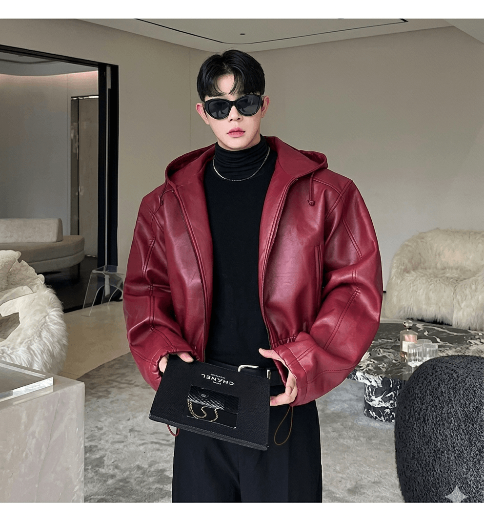 Vintage Hooded Techwear Leather Jacket  Men's Punk Moto Streetwear  Autumn Winter Hip Hop Short Coat