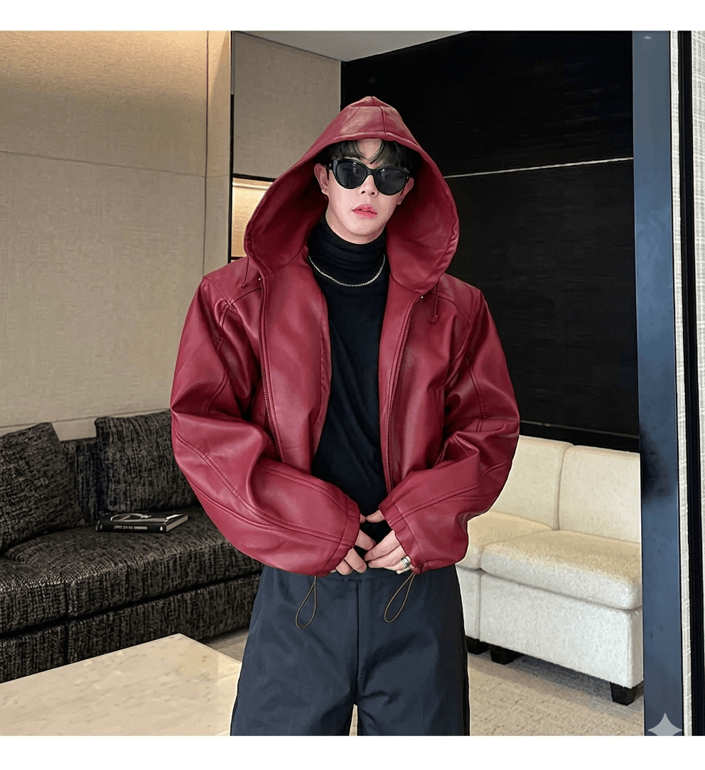 Vintage Hooded Techwear Leather Jacket  Men's Punk Moto Streetwear  Autumn Winter Hip Hop Short Coat