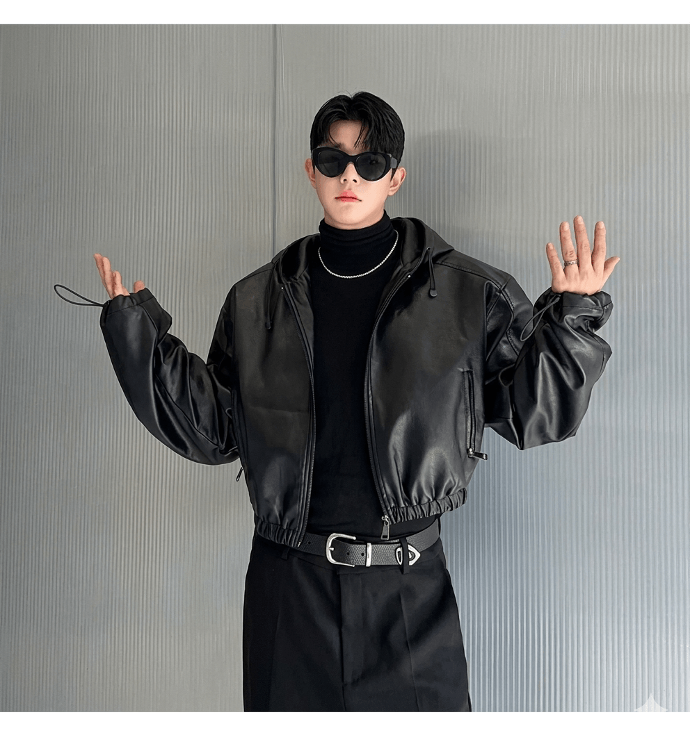 Vintage Hooded Techwear Leather Jacket  Men's Punk Moto Streetwear  Autumn Winter Hip Hop Short Coat