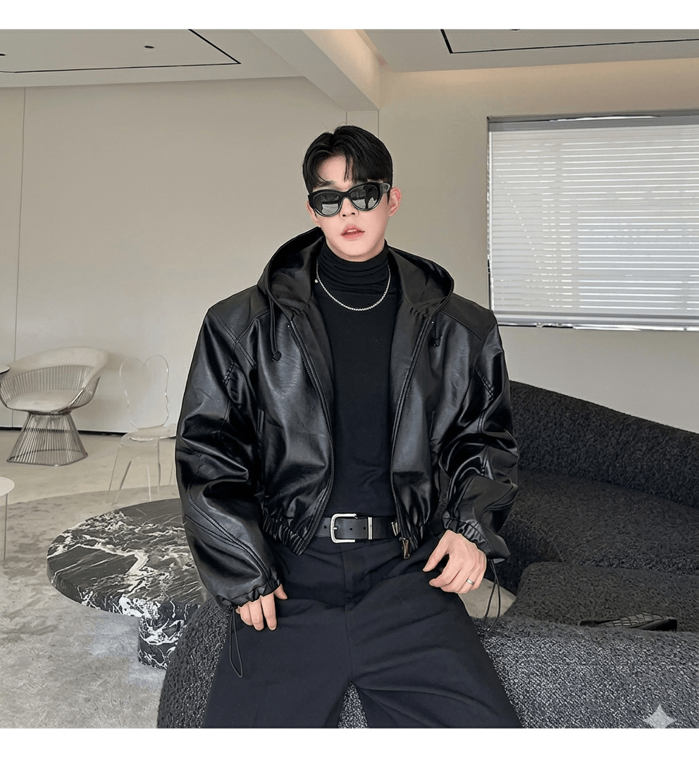 Vintage Hooded Techwear Leather Jacket  Men's Punk Moto Streetwear  Autumn Winter Hip Hop Short Coat