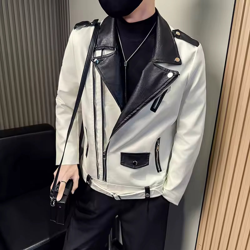 Autumn Winter Men's Suit Collar Motorcycle Leather Jacket Slim Casual Social Zipper PU Leather Jacket Streetwear Men Clothing