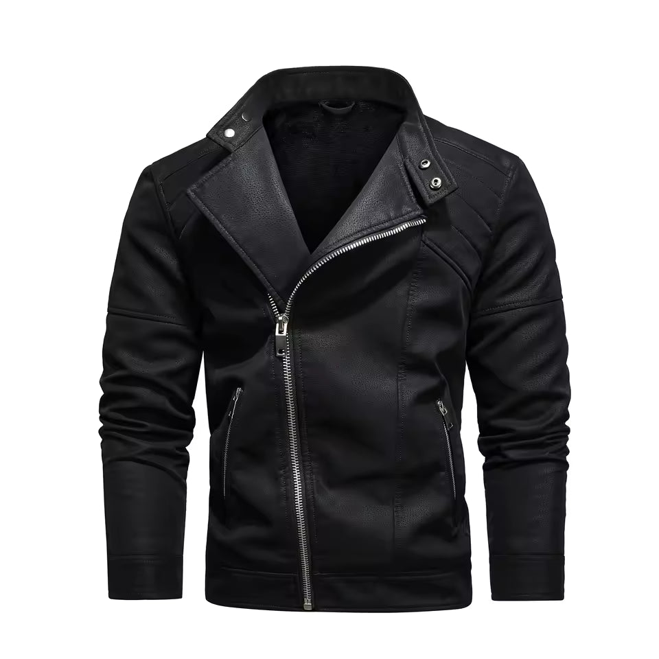Men's PU leather jacket with fleece large lapel diagonal front zip autumn and winter stand-up collar jacket