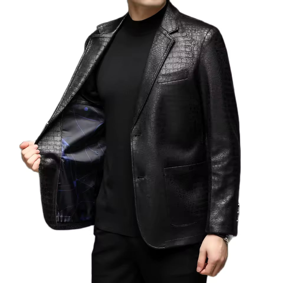 Men's Casual Spring Autumn Vintage Soft Faux Leather Jackets Male Classic Slim Fit Crocodile Pattern Suit Black Blazers Coats
