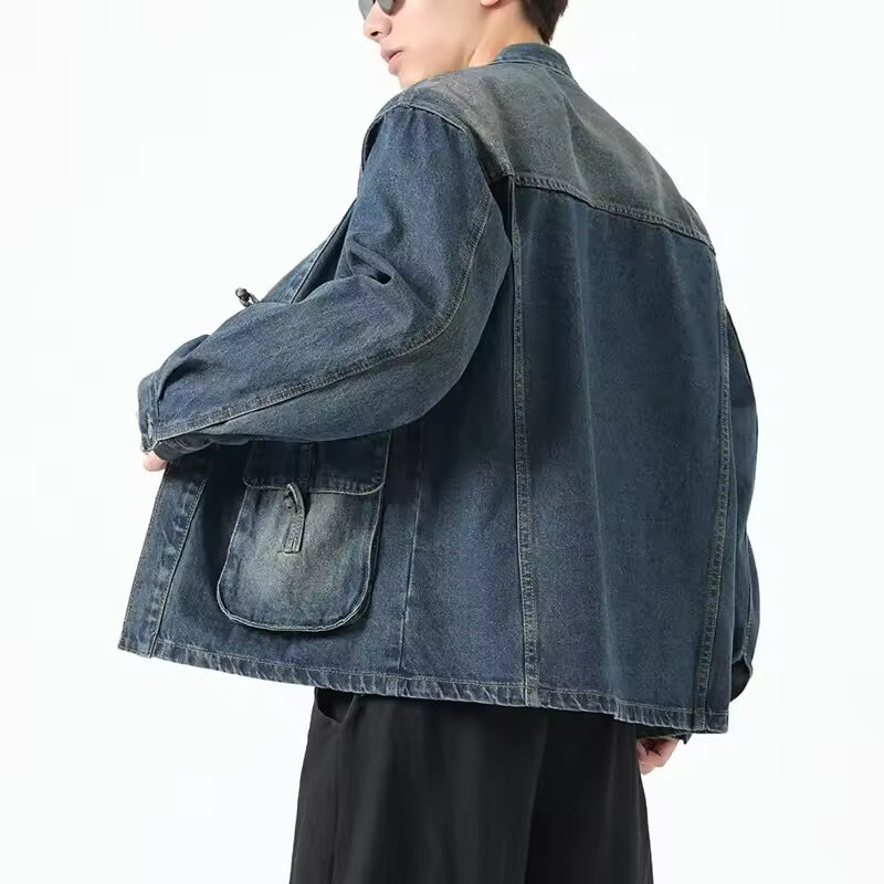 Fashion Men Denim Jacket Cotton Kimono Japanese Pocket Cardigan Coat Vintage Traditional Jackets Men Hip Hop Loose Outwear