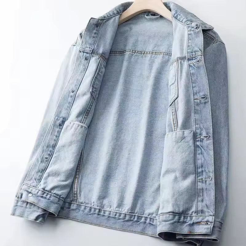 Men's Retro Light Blue Washed Denim Jacket Classic Button-Up Trucker Coat Casual Outerwear Autumn