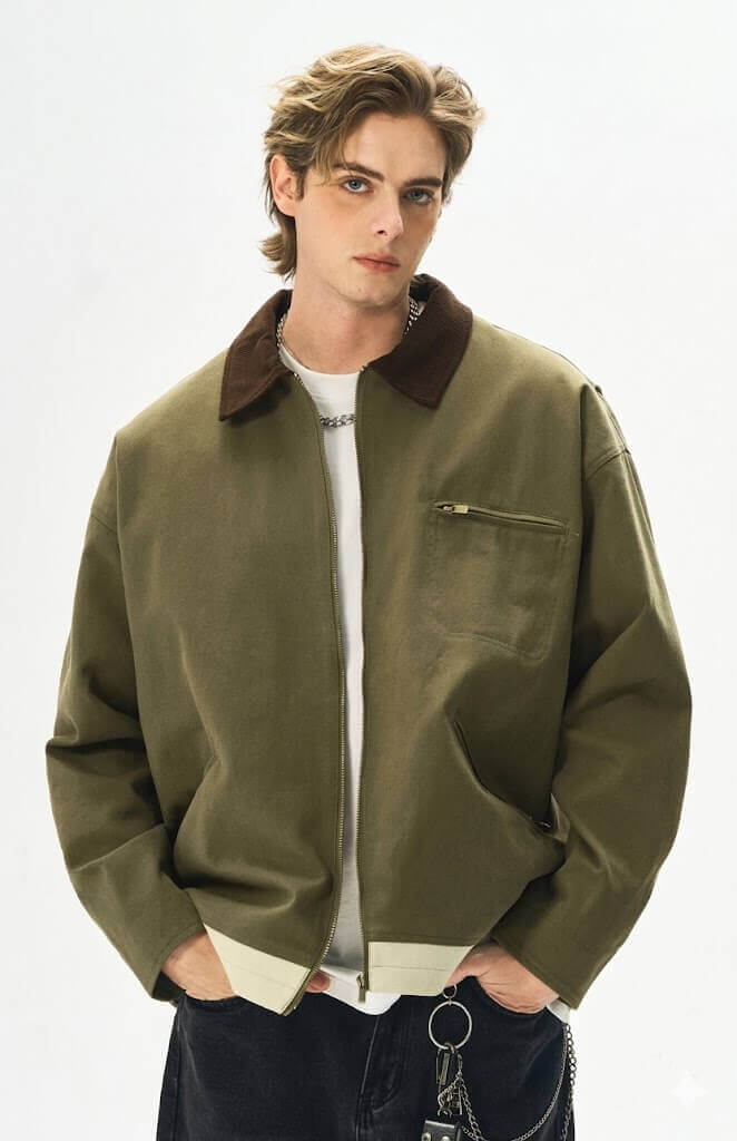Men's American Vintage Workwear Jacket - Autumn Loose Fit Washed Heavyweight Cotton Canvas Jacket with Lapel Collar