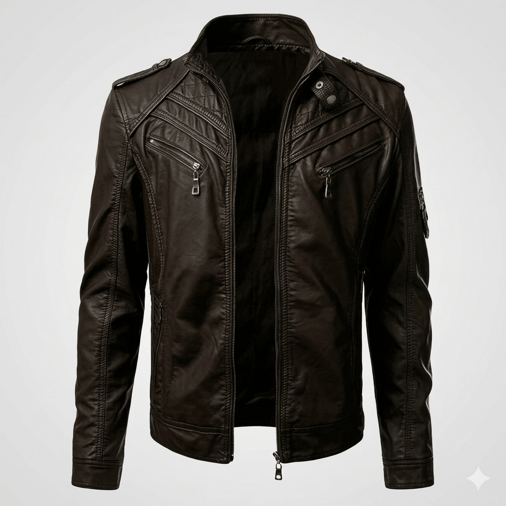 Minimalist Men's Stand Collar Leather Jacket  Vintage Moto Style Biker Coat  Daily RitualAutumn Essential