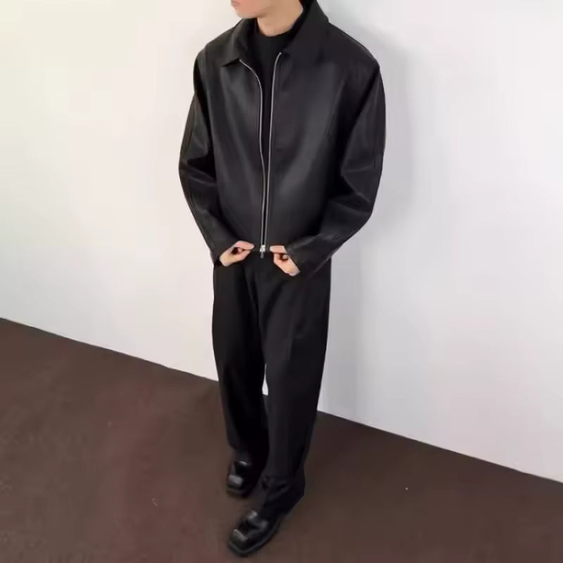 Men Leather Jacket Spring Autumn American High Street Turn Down Collar Male Outerwear Windproof Long Sleeve Zipper Man Coat