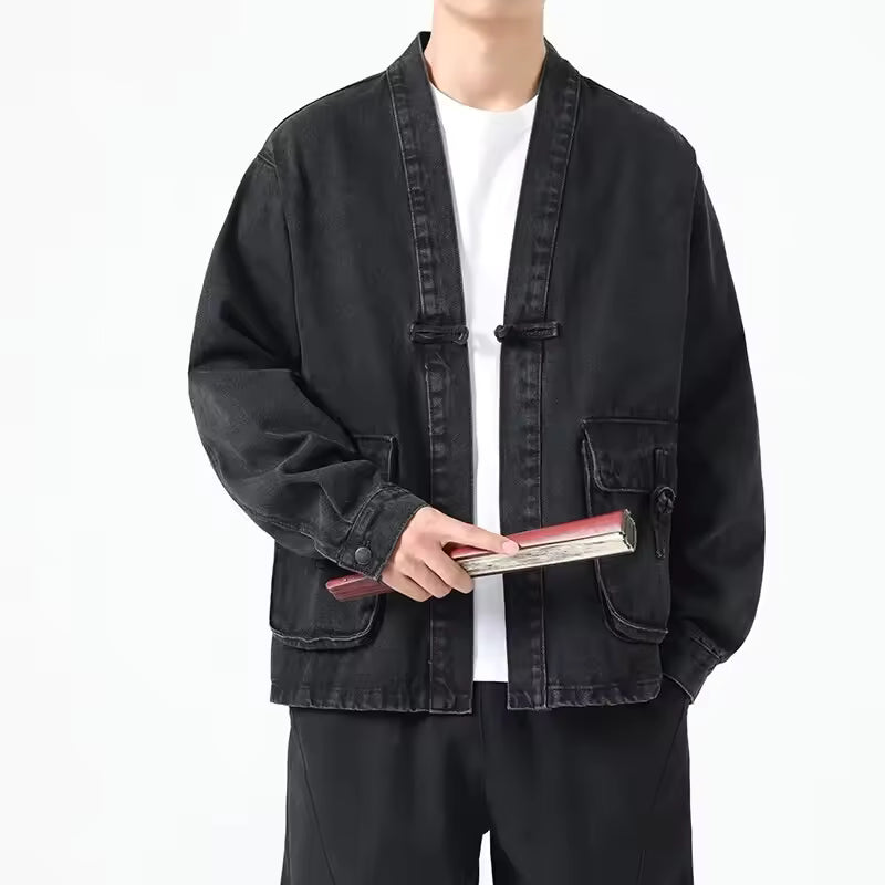 Fashion Men Denim Jacket Cotton Kimono Japanese Pocket Cardigan Coat Vintage Traditional Jackets Men Hip Hop Loose Outwear