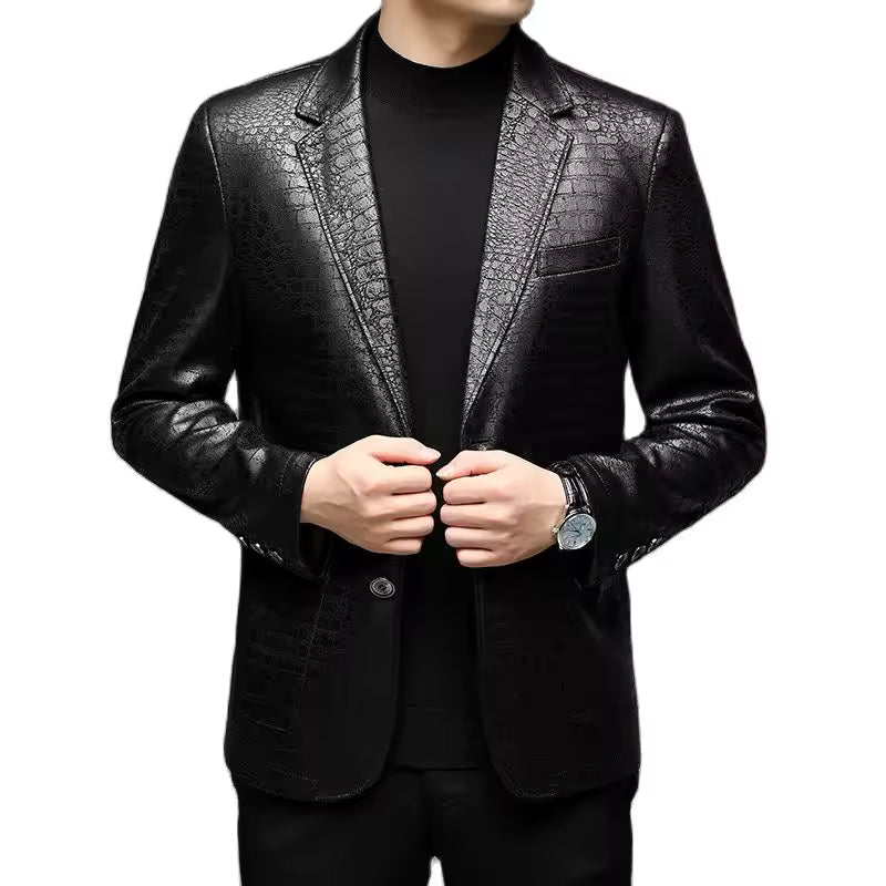 Men's Casual Spring Autumn Vintage Soft Faux Leather Jackets Male Classic Slim Fit Crocodile Pattern Suit Black Blazers Coats
