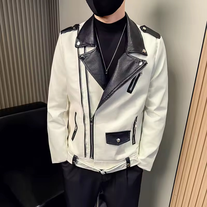 Autumn Winter Men's Suit Collar Motorcycle Leather Jacket Slim Casual Social Zipper PU Leather Jacket Streetwear Men Clothing