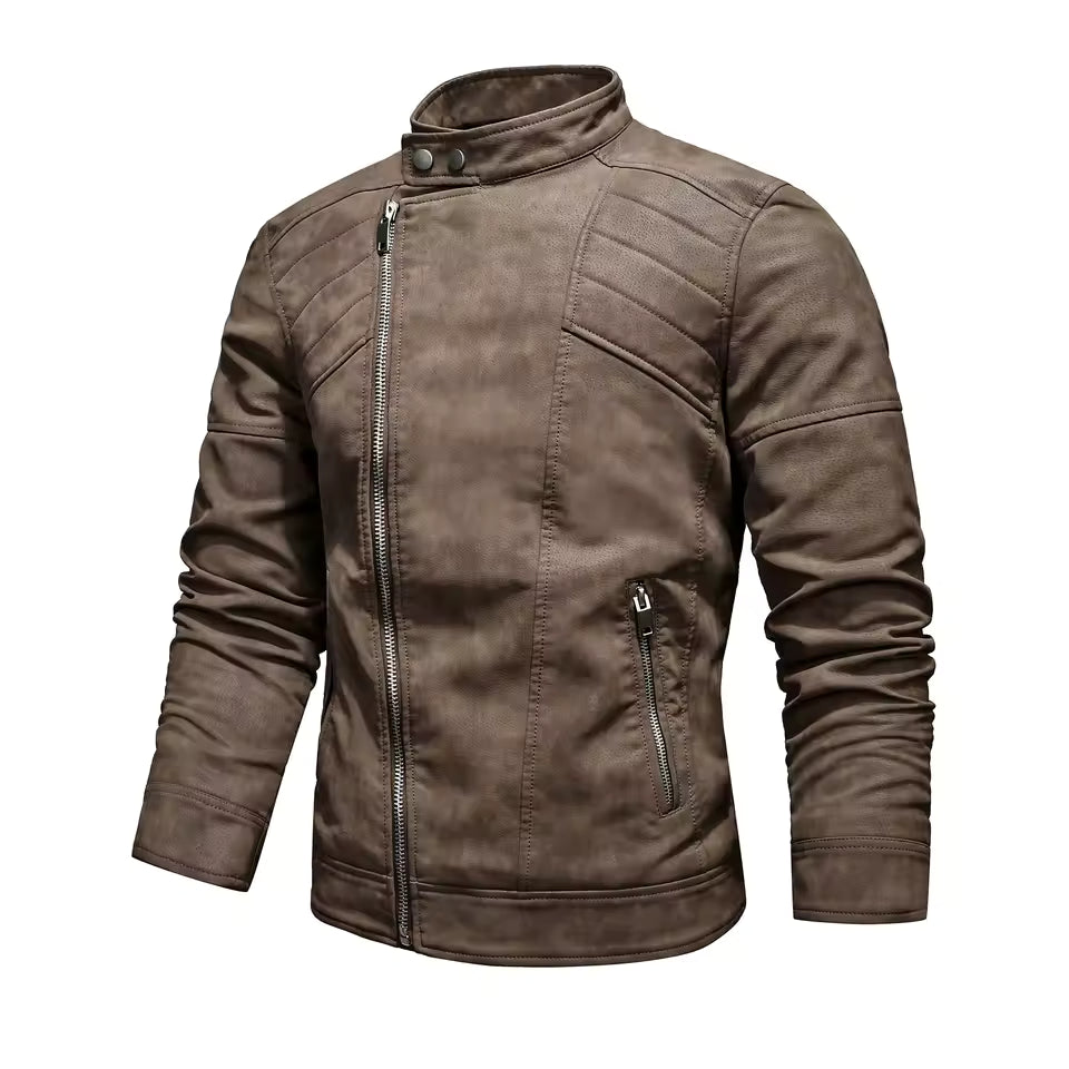 Men's PU leather jacket with fleece large lapel diagonal front zip autumn and winter stand-up collar jacket