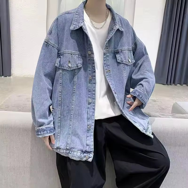 Men's Retro Light Blue Washed Denim Jacket Classic Button-Up Trucker Coat Casual Outerwear Autumn