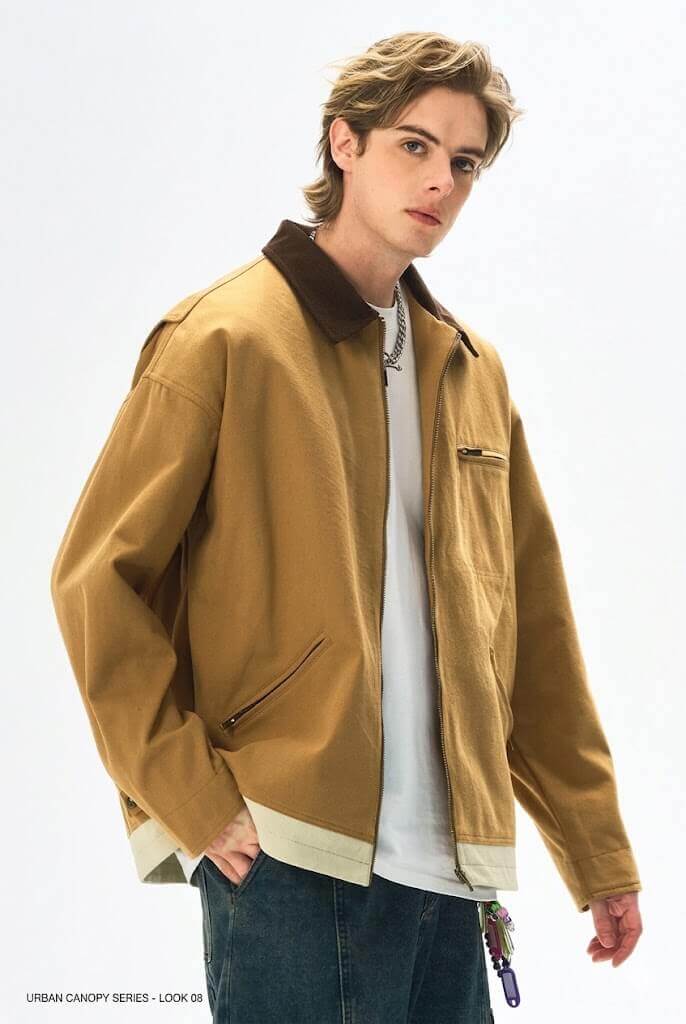 Men's American Vintage Workwear Jacket - Autumn Loose Fit Washed Heavyweight Cotton Canvas Jacket with Lapel Collar