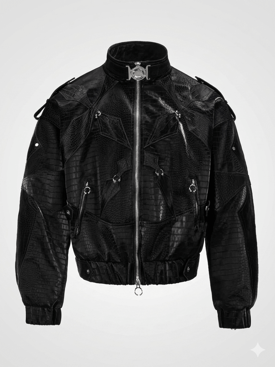 Shiny Black Croc-Embossed Men's Jacket  Luxury Y2K Cropped Leather Coat  2026 Designer Streetwear
