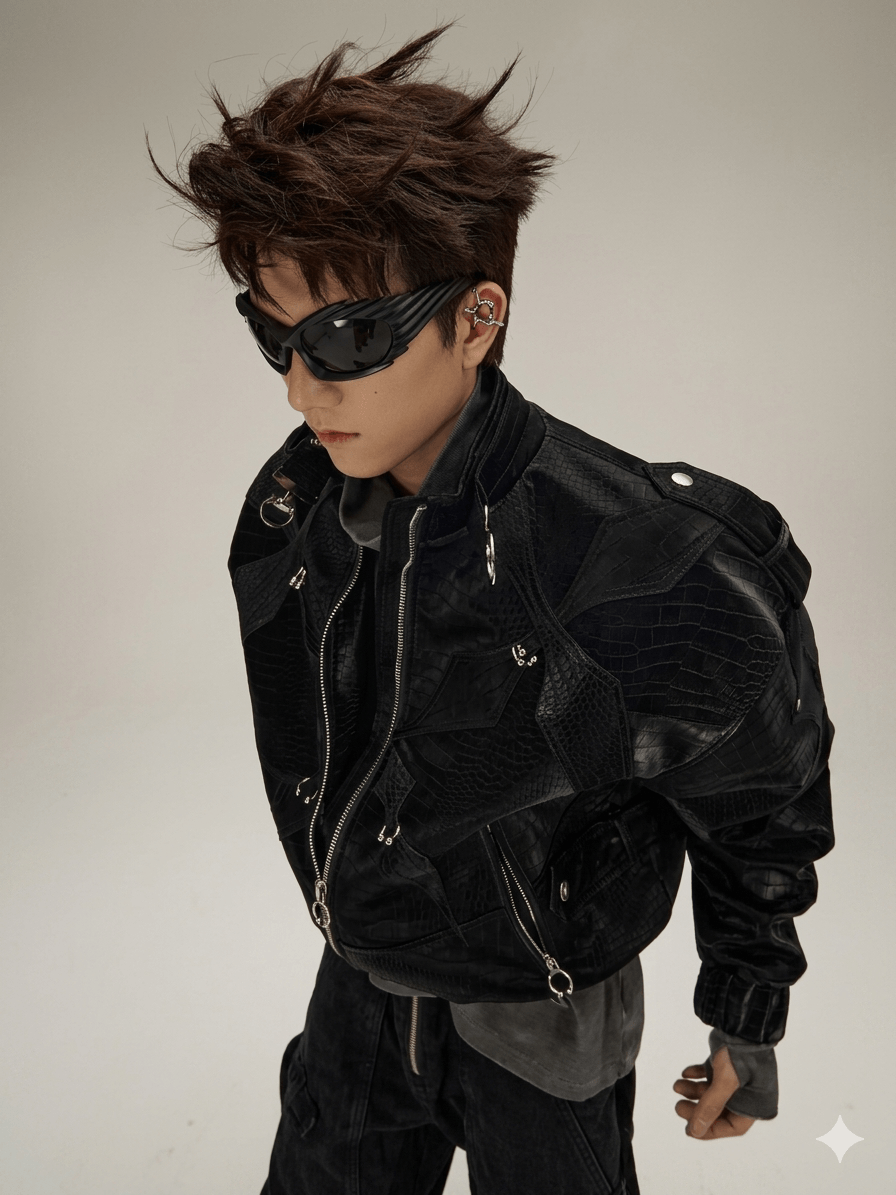 Shiny Black Croc-Embossed Men's Jacket  Luxury Y2K Cropped Leather Coat  2026 Designer Streetwear